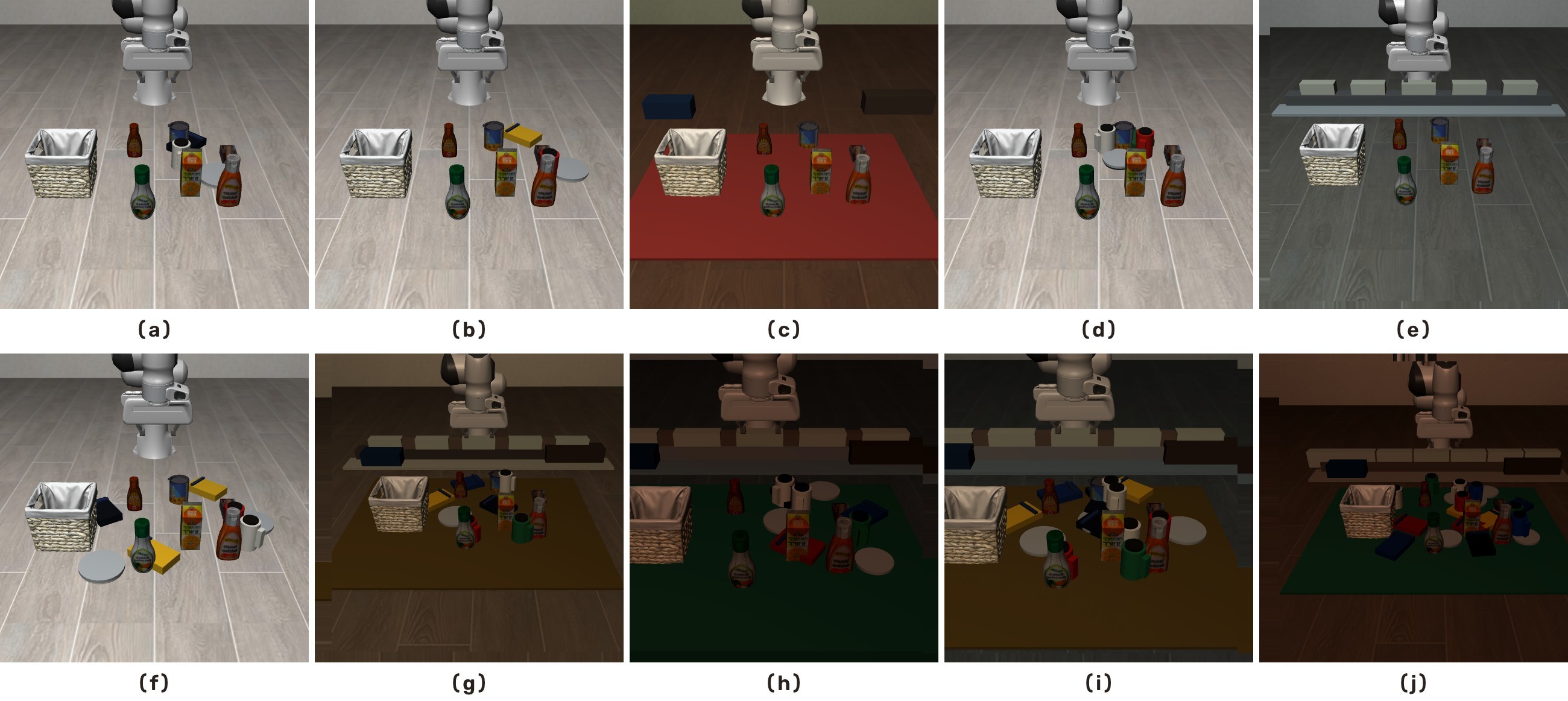 Ten example scenes from the LIBERO-Challenge benchmark, from single-perturbation easy settings to composed difficult settings